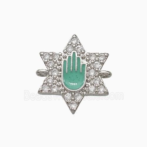 Copper Star Hand Connector Pave Zirconia Green Enamel Platinum Plated