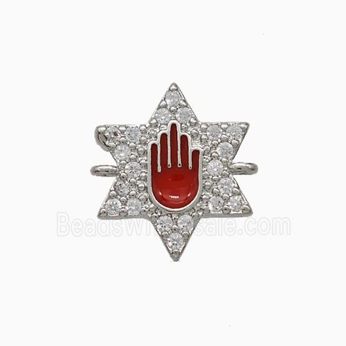 Copper Star Hand Connector Pave Zirconia Red Enamel Platinum Plated
