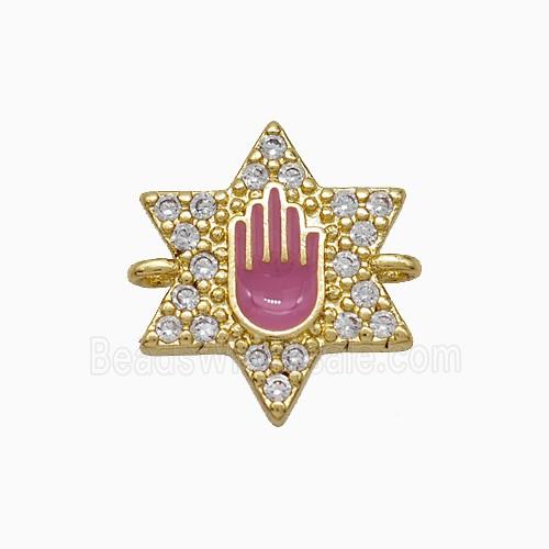 Copper Star Hand Connector Pave Zirconia Pink Enamel Gold Plated