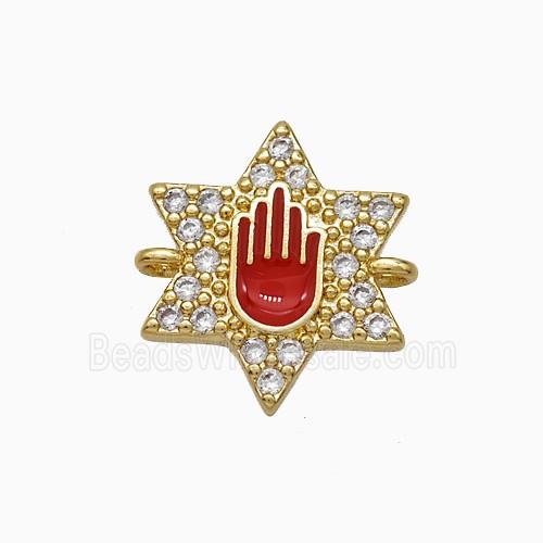 Copper Star Hand Connector Pave Zirconia Red Enamel Gold Plated