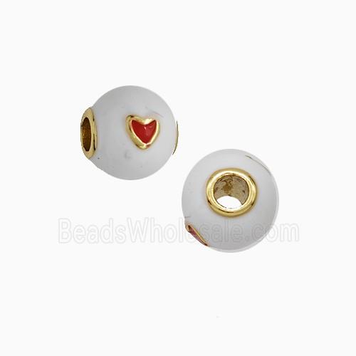 Copper Round Beads White Enamel Heart Large Hole Gold Plated