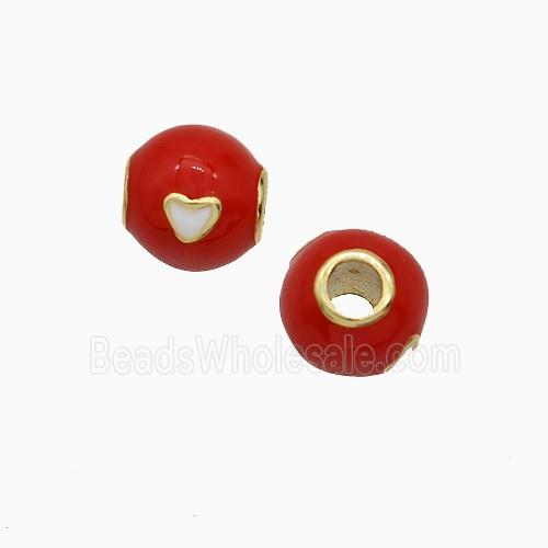 Copper Round Beads Red Enamel Heart Large Hole Gold Plated