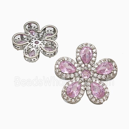 Copper Flower Pendant Pave Zirconia Pink Crystal Glass Platinum Plated