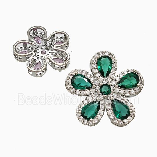 Copper Flower Pendant Pave Zirconia Green Crystal Glass Platinum Plated
