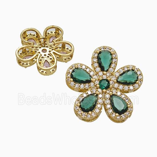 Copper Flower Pendant Pave Zirconia Green Crystal Glass Gold Plated