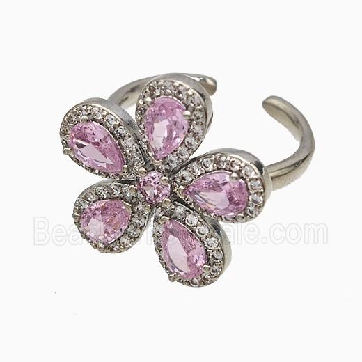 Copper Flower Rings Pave Zirconia Pink Crystal Glass Platinum Plated