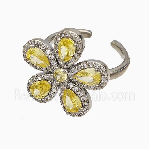 Copper Flower Rings Pave Zirconia Yellow Crystal Glass Platinum Plated