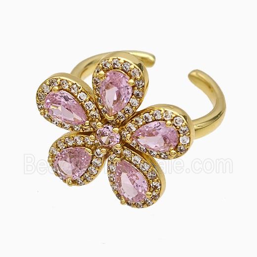 Copper Flower Rings Pave Zirconia Pink Crystal Glass Gold Plated