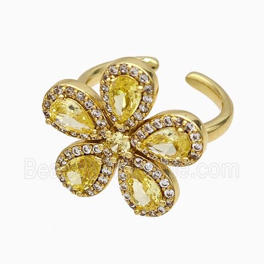 Copper Flower Rings Pave Zirconia Yellow Crystal Glass Gold Plated