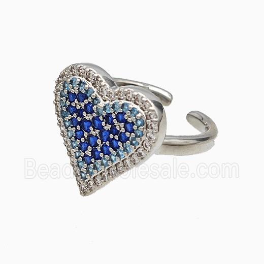 Copper Heart Rings Micropave Blue Zirconia Platinum Plated