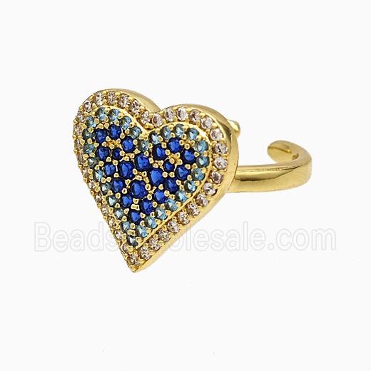 Copper Heart Rings Micropave Blue Zirconia Gold Plated