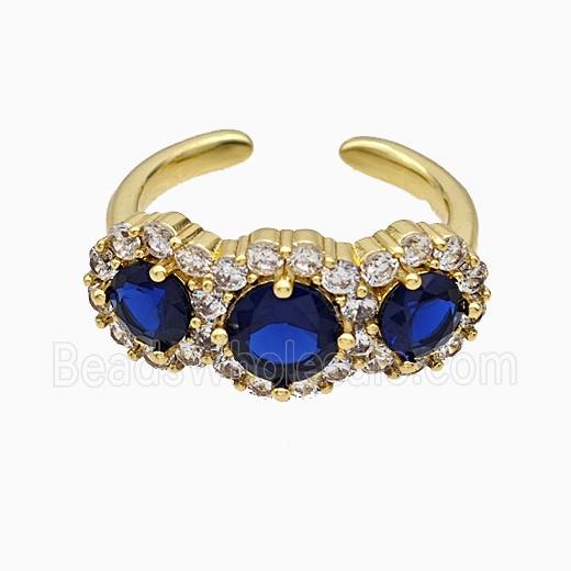Copper Flower Rings Pave Zirconia Blue Crystal Glass Gold Plated