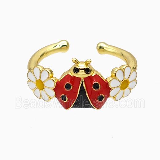 Copper Ladybug Rings Flower White Red Enamel Gold Plated