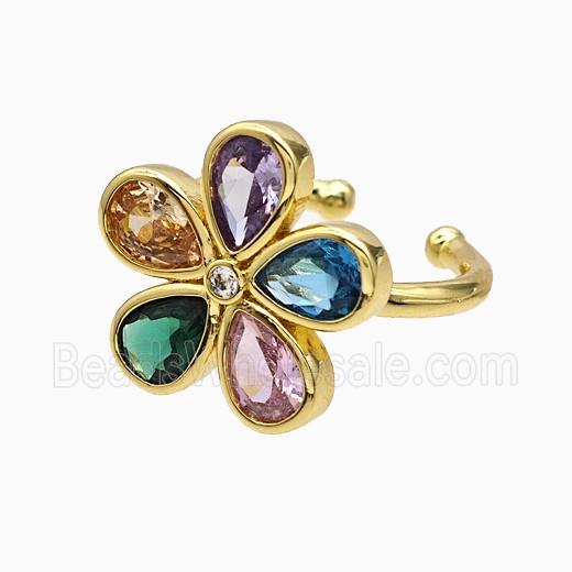 Copper Flower Rings Pave Multicolor Crystal Glass Gold Plated
