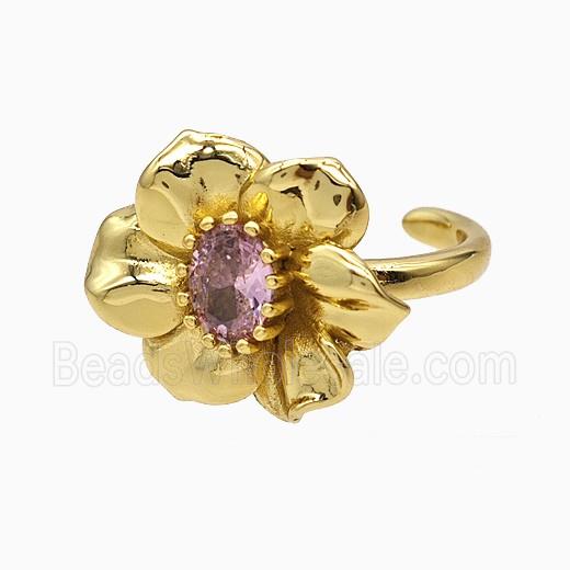 Copper Flower Rings Pave Crystal Glass Gold Plated