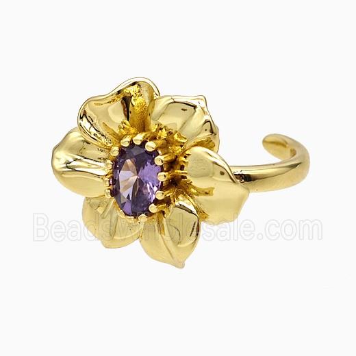 Copper Flower Rings Pave Crystal Glass Gold Plated