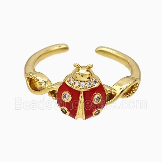 Copper Ladybug Rings Pave Zirconia Red Enamel Gold Plated