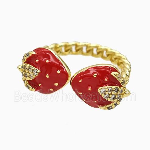 Copper Strawberry Rings Pave Zirconia Red Enamel Gold Plated