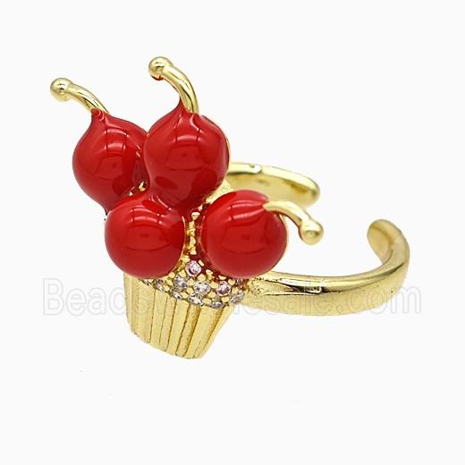 Copper Cherry Rings Pave Zirconia Red Enamel Gold Plated