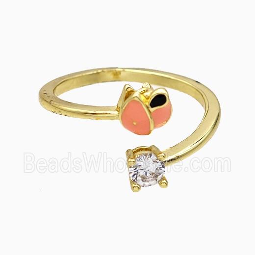 Copper Mushroom Rings Pink Enamel Gold Plated