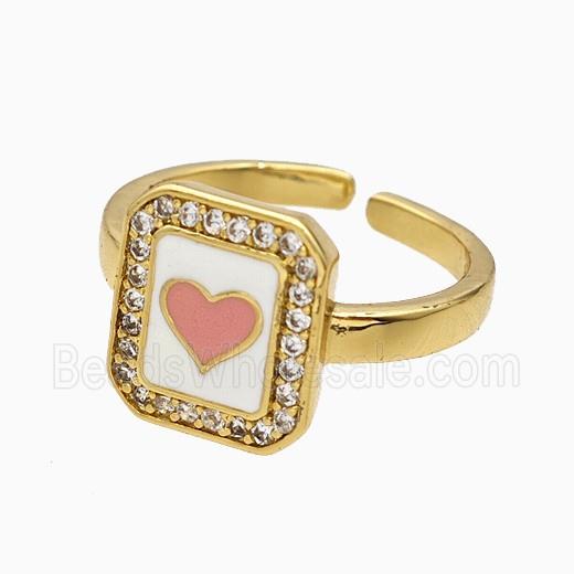 Copper Heart Rings Pave Zirconia Pink Enamel Gold Plated