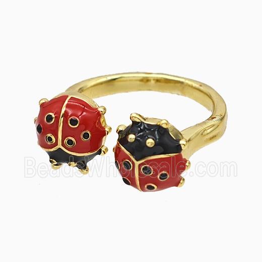 Copper Ladybug Rings Red Enamel Gold Plated