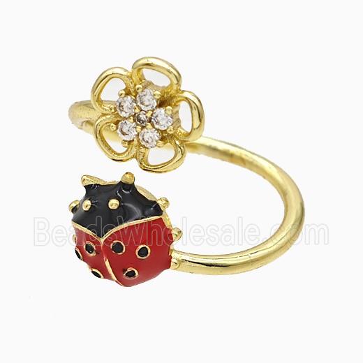 Copper Ladybug Rings Red Enamel Flower Gold Plated