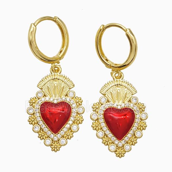 Copper Heart Hoop Earrings Pave Zirconia Red Painted Gold Plated