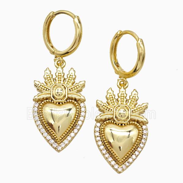 Copper Heart Hoop Earrings Pave Zirconia Leaf Gold Plated