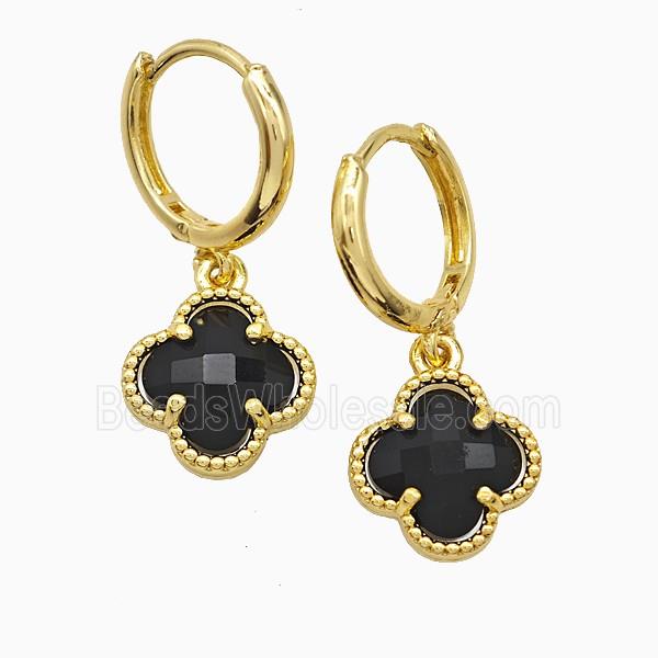 Copper Clover Hoop Earrings Pave Black Crystal Glass Gold Plated
