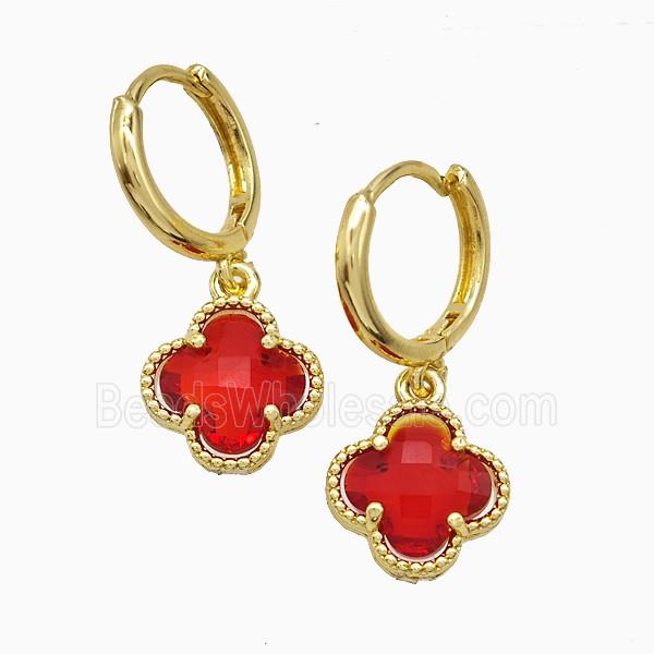 Copper Clover Hoop Earrings Pave Red Crystal Glass Gold Plated