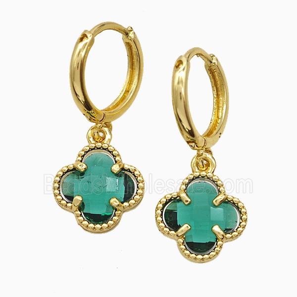 Copper Clover Hoop Earrings Pave Green Crystal Glass Gold Plated