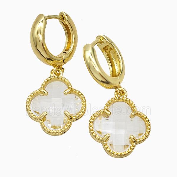 Copper Clover Hoop Earrings Pave Clear Crystal Glass Gold Plated