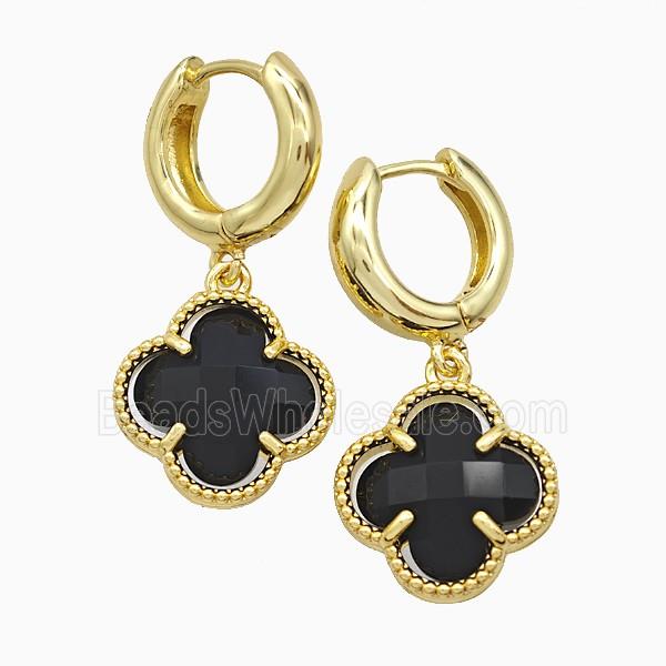 Copper Clover Hoop Earrings Pave Black Crystal Glass Gold Plated