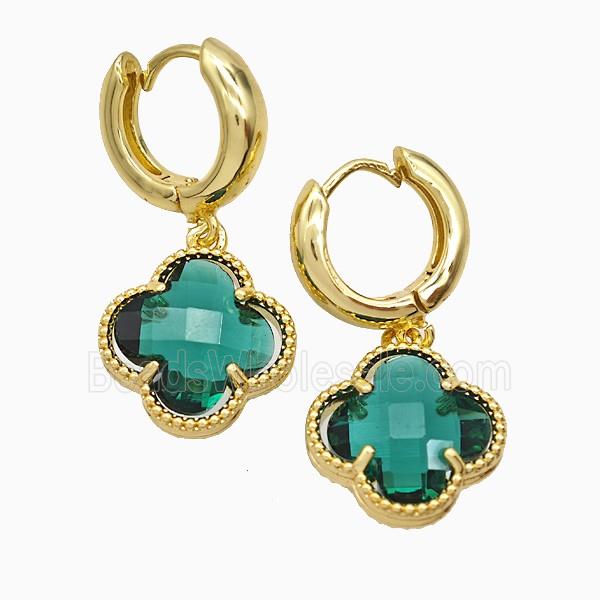 Copper Clover Hoop Earrings Pave Green Crystal Glass Gold Plated