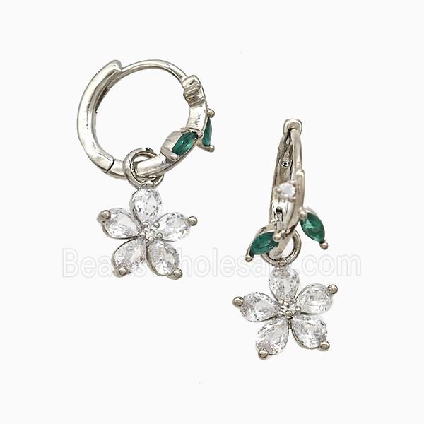 Copper Flower Hoop Earrings Pave Crystal Glass Platinum Plated