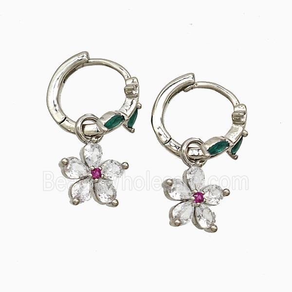 Copper Flower Hoop Earrings Pave Crystal Glass Platinum Plated