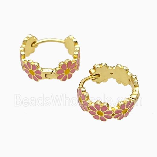 Copper Flower Hoop Earrings Pink Enamel Gold Plated