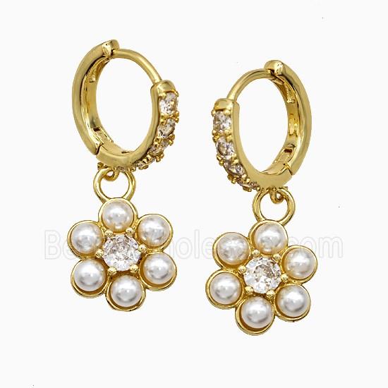 Copper Flower Hoop Earrings Pave Zirconia Pearlized Resin Gold Plated