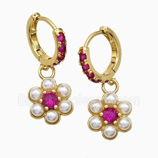Copper Flower Hoop Earrings Pave Zirconia Pearlized Resin Gold Plated
