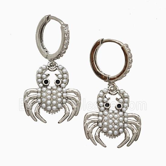 Copper Crab Hoop Earrings Pave Pearlized Resin Platinum Plated