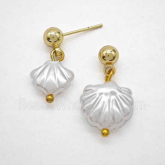 Copper Stud Earrings With Pearlize Resin Scallop Gold Plated