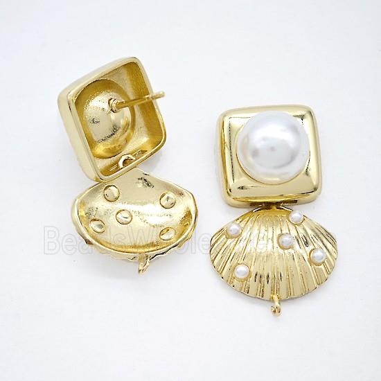 Copper Scallop Shell Stud Earrings Pave Pearlized Resin Gold Plated
