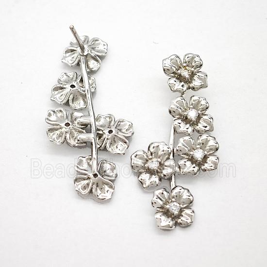 Copper Flower Stud Earrings Pave Zirconia Platinum Plated
