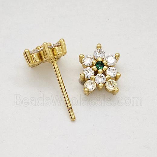 Copper Flower Stud Earrings Pave Zirconia Gold Plated