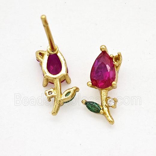 Copper Flower Stud Earrings Pave Crystal Glass Gold Plated