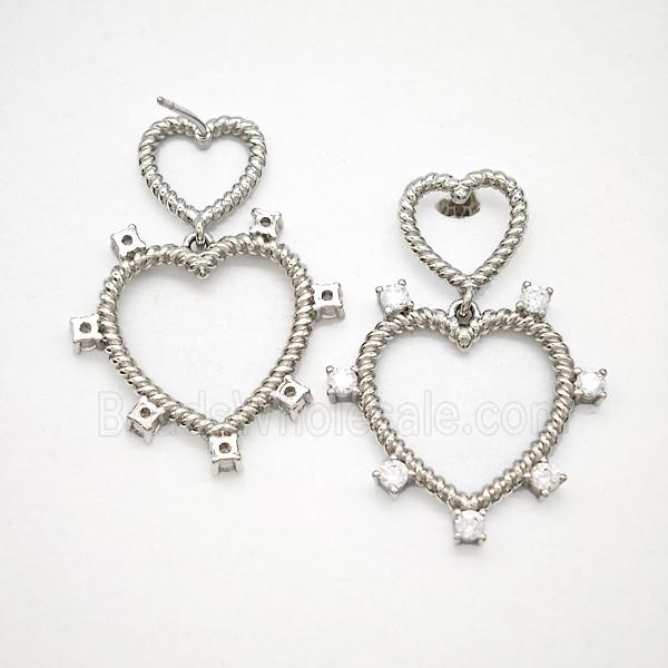 Copper Heart Stud Earrings Pave Zirconia Platinum Plated