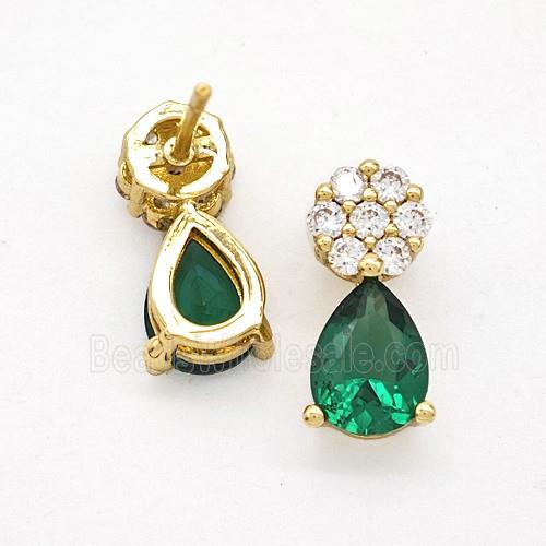 Copper Flower Stud Earrings Pave Zirconia Green Crystal Glass Teardrop Gold Plated