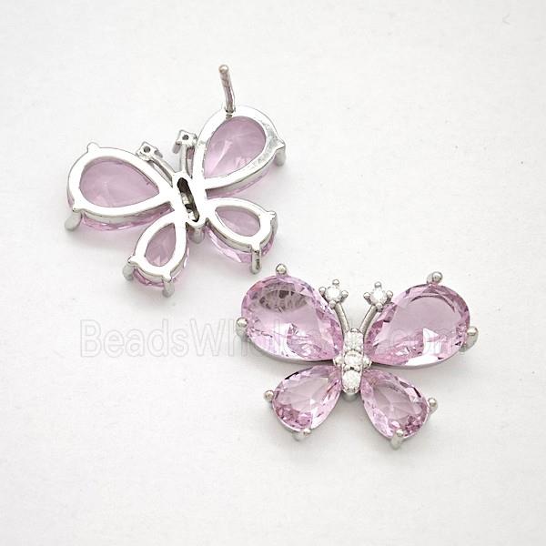 Copper Butterfly Stud Earrings Pave Pink Crystal Glass Platinum Plated
