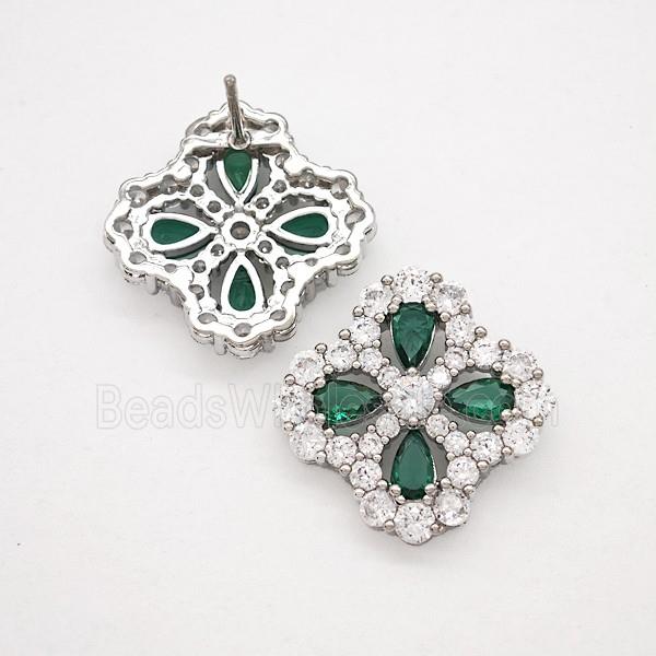 Copper Flower Stud Earrings Pave Zirconia Green Crystal Glass Platinum Plated